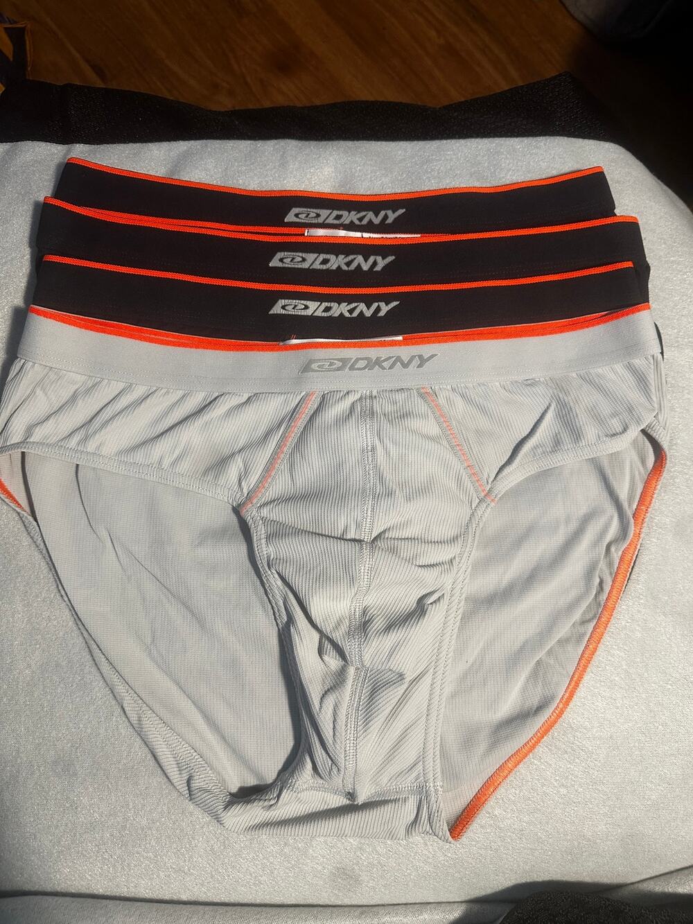 VTG (4) DKNY bikini brief 1 gray 3 black orange band ribbed pouch front size XL